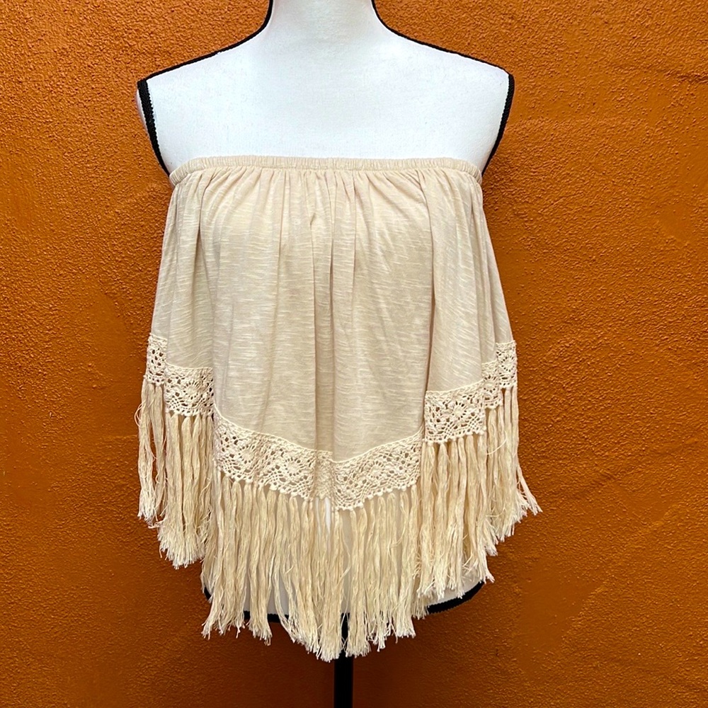Elan off the shoulder top with crochet and fringe detail NWOT